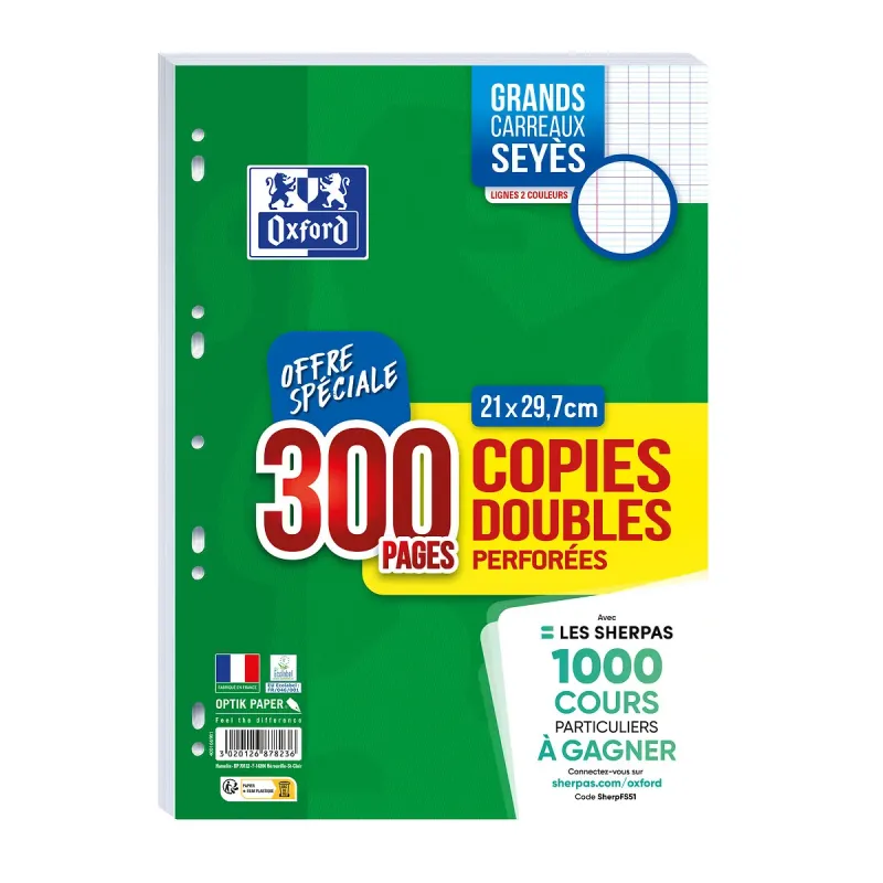 COPIES DOUBLES OXFORD PERFOREES 210X297 FILM 300P OPTIK P. SEYES