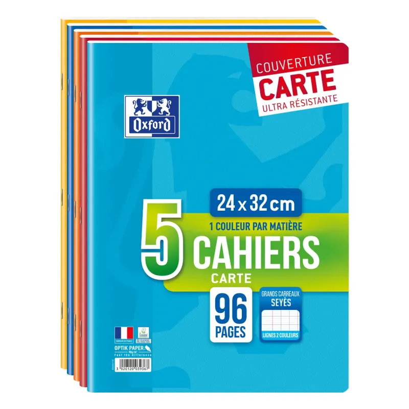 LOT DE 5 CAHIERS OXFORD AGRAFE 240X320 96P OPTIK P. SEYES ASSORTI