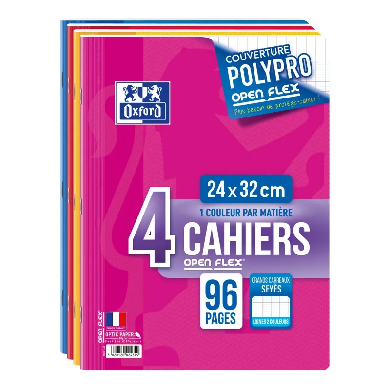 LOT DE 4 CAHIERS OPENFLEX AGRAFE 240X320 96P OPTIK P. SEYES ASSORTI