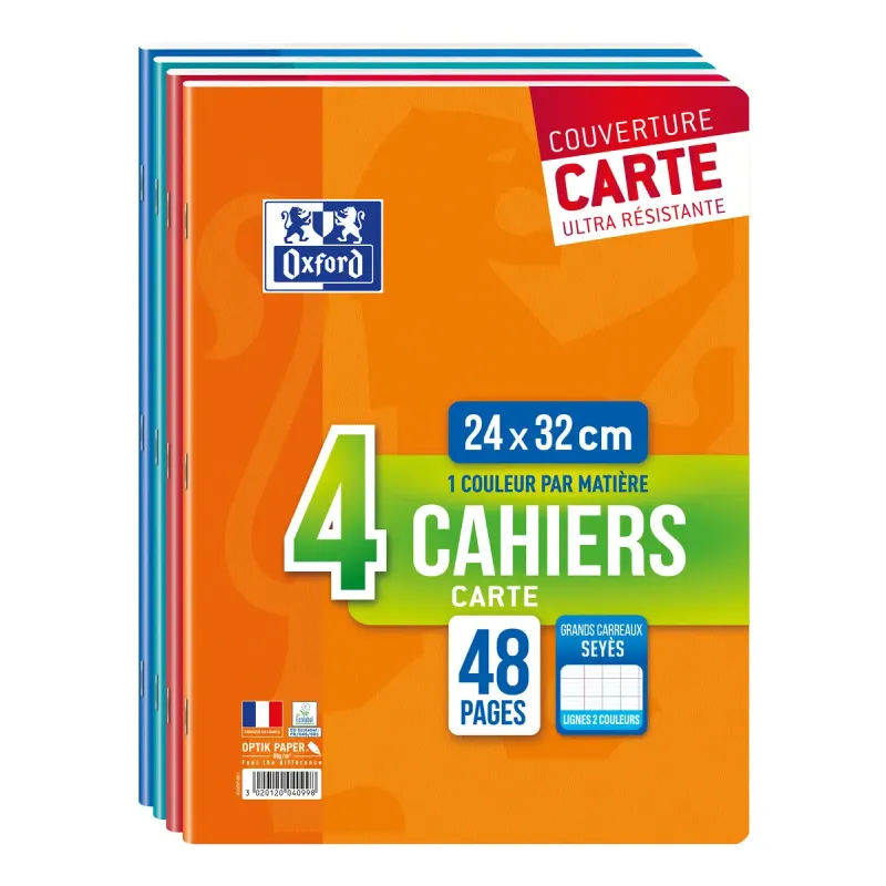 LOT DE 4 CAHIERS AGRAFE OXFORD 240X320 48P SEYES ASSORTI