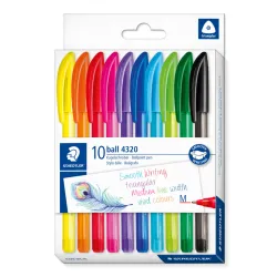 ball 4320 M - Etui carton 10 stylos-bille triangulaires pointe moyenne 1 mm assortis