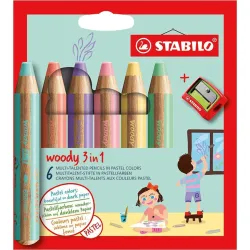 Etui carton x 6 crayons multi-talents STABILO woody 3 in 1 + 1 taille-crayon - coloris pastel