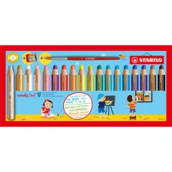 Etui carton x 18 crayons multi-talents STABILO woody 3 in 1 + 1 pinceau rond taille 8 + 1 taille-crayon