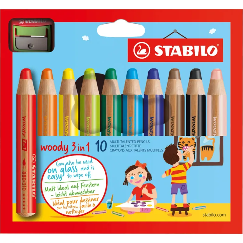 Etui carton x 10 crayons multi-talents STABILO woody 3 in 1 + 1 taille-crayon