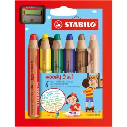 Etui carton x 6 crayons multi-talents STABILO woody 3 in 1 + 1 taille-crayon