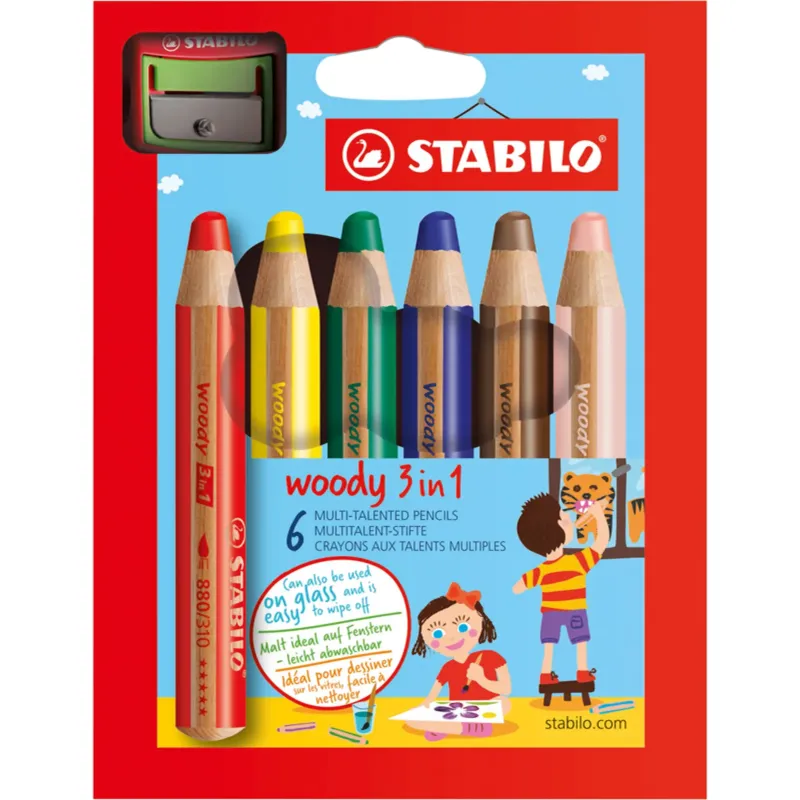 Etui carton x 6 crayons multi-talents STABILO woody 3 in 1 + 1 taille-crayon