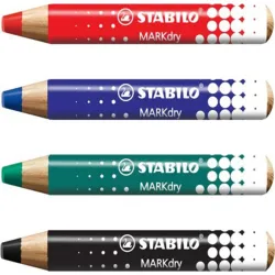 Etui carton x 4 crayons marqueurs STABILO MARKdry + 1 taille-crayon + 1 chiffonnette - rouge + bleu + vert + noir