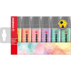 Pochette x 6 surligneurs STABILO BOSS ORIGINAL Pastel - crème de jaune + brume de lilas + soupçon de rose + teint de pêche + tou
