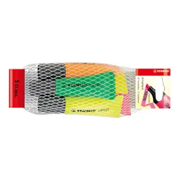 Filet x 5 surligneurs STABILO NEON - 2 jaune + 1 vert + 1 orange + 1 rose