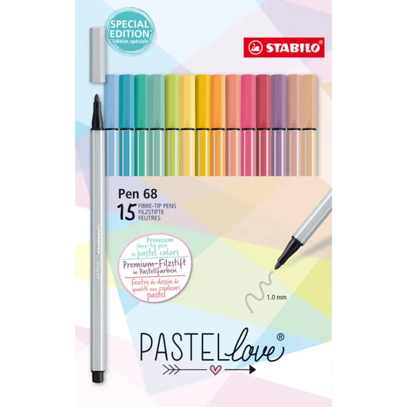 Etui carton x 15 feutres de dessin pointe moyenne STABILO Pen 68 Pastellove