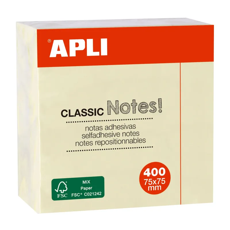 Bloc de notes adhésives classiques 75x75 mm - 400 feuilles repositionnables