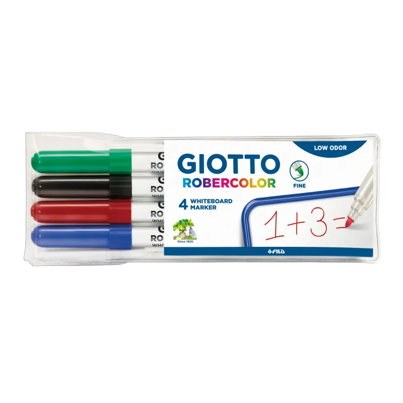 GIOTTO ROBERCOLOR - ETUI 4 FEUTRES TABLEAU BLANC - POINTE OGIVE FINE 2,7MM (BLEU ROUGE NOIR VERT)