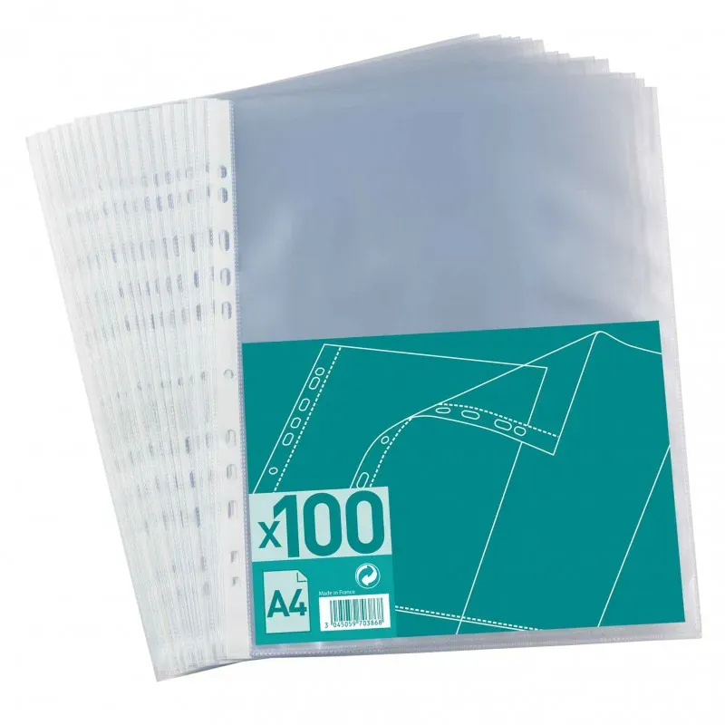 100 POCHETTES PERFOREES A4 QUALITESTANDARD GRAINEE