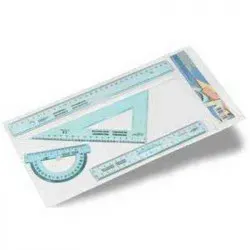Plastique incassable. Contenu : 1 règle plate 30 cm, 1 double décimètre, 1 équerre 60° 20 cm et 1 rapporteur 9 cm/180°