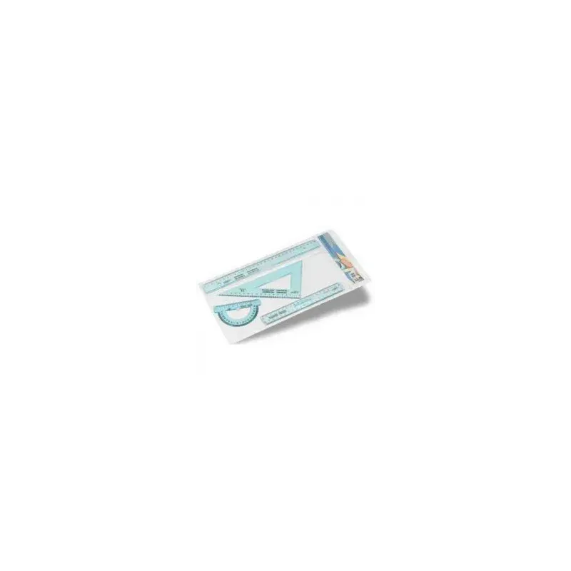 Plastique incassable. Contenu : 1 règle plate 30 cm, 1 double décimètre, 1 équerre 60° 20 cm et 1 rapporteur 9 cm/180°