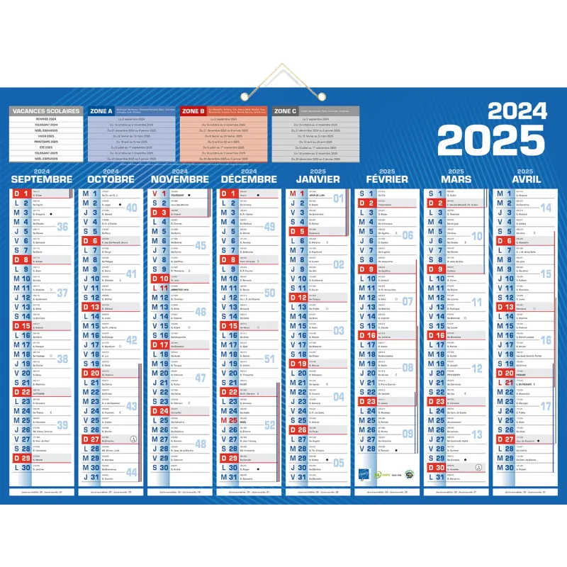 Calendrier bancaire année civile BOUCHUT "Classique 16 Mois" 40,5 x 55 cm coloris bleu Pefc 70 %